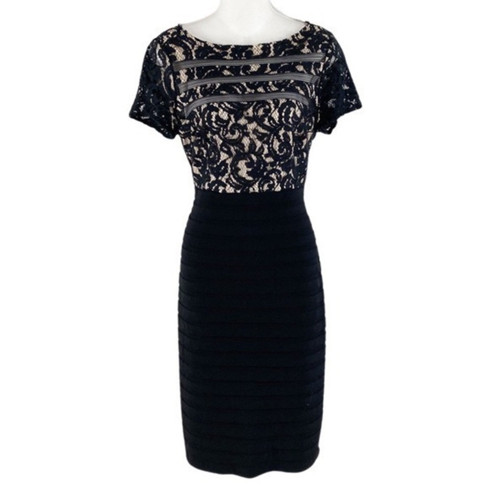 Adrianna Papell black lace banded sheath dress